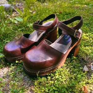 vintage candies leather platform wooden clogs